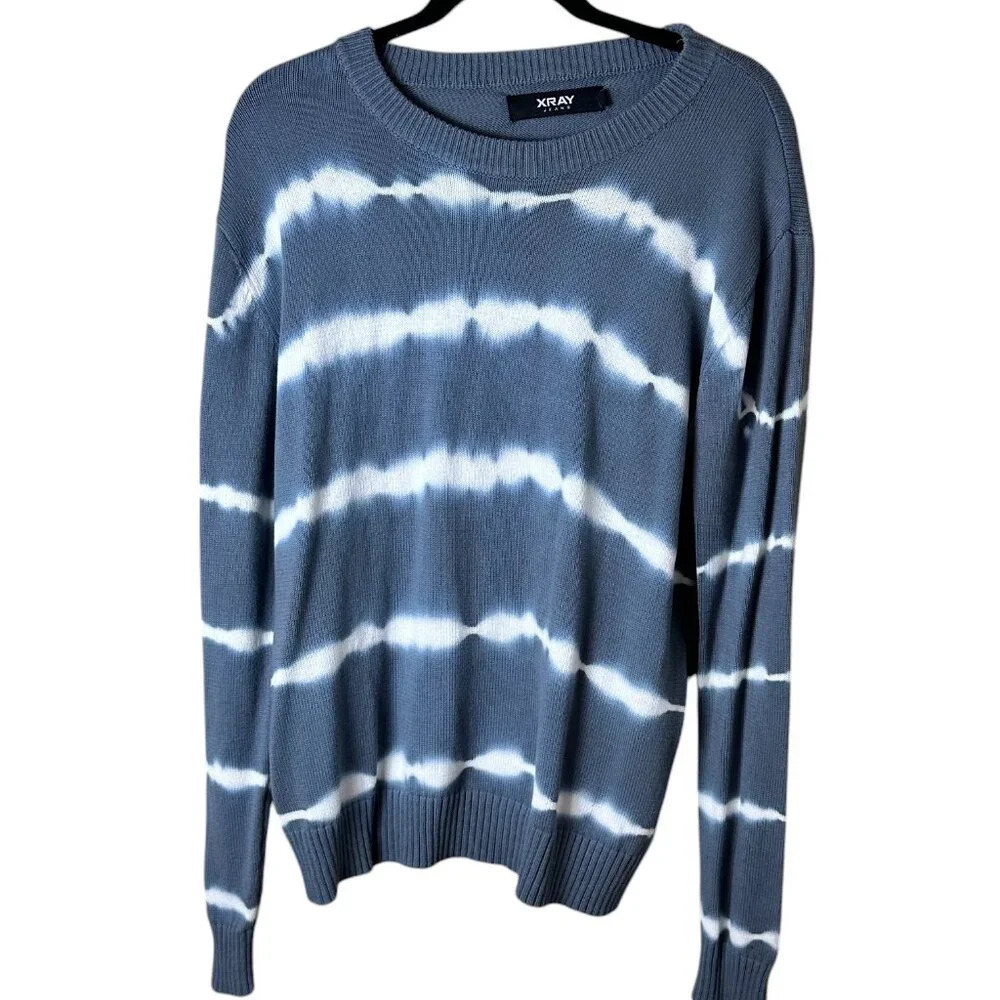 NORDSTROM XRAY Brand Grey Blue Tie Dye Stripe Crewneck Sweater Size Large